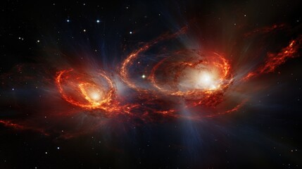 Wall Mural - A mesmerizing cosmic dance unfolds as two fiery nebulae collide, their swirling colors and ethereal glow illuminating the vast expanse of space.