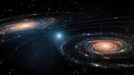 Wall Mural - A mesmerizing cosmic dance unfolds as two galaxies collide in a symphony of light and color.