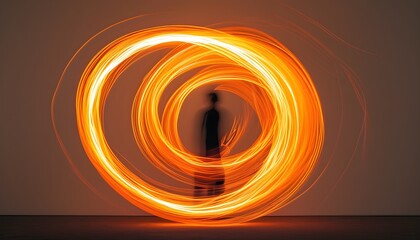 Wall Mural - Vivid orange light trail forms a swirling vortex in long exposure against a pristine white canvas