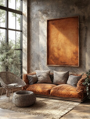 Wall Mural - Cozy living room with an orange sofa and a large framed artwork.