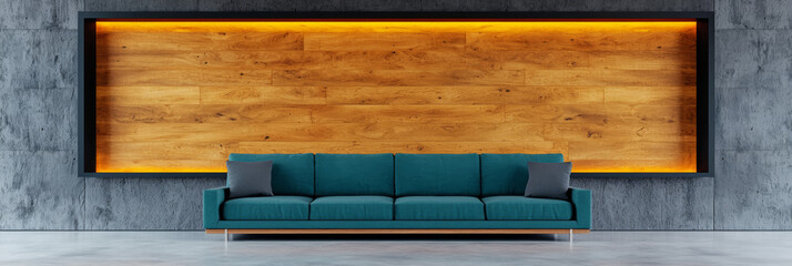 Canvas Print - Teal sofa in a modern living room with a wood accent wall.