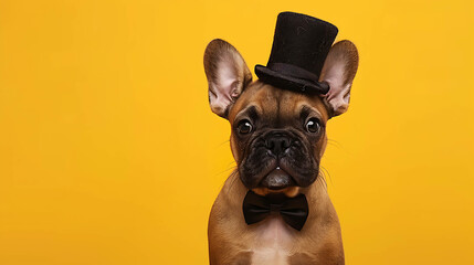 Close-up of a French bulldog puppy wearing a top hat and bow tie, looking directly at the camera.