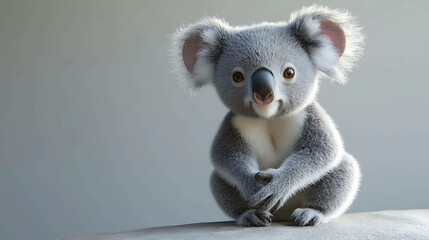 A cute baby koala sitting on a branch, looking at the camera.