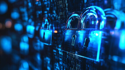 a series of digital padlock icons against a background of blue binary code.