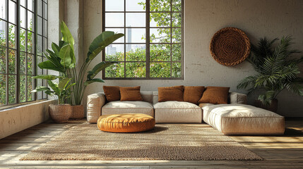 Wall Mural - A modern living room with a large sectional sofa and a woven wall hanging.