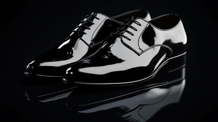 A pair of black leather dress shoes with a high shine polish.