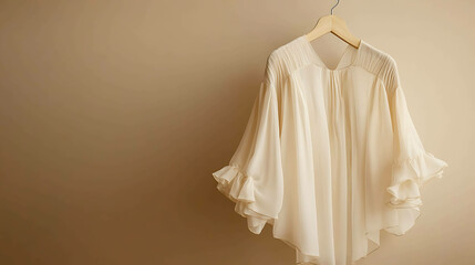 Sticker - Elegant cream blouse with ruffle sleeves hanging on a wooden hanger.