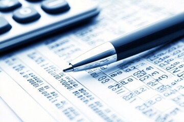 Close-up of financial documents with a calculator and pen, highlighting overhead costs with a blurred background for emphasis.