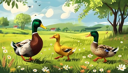 Wall Mural - Ducks Roaming in Lush Meadow Showcasing Agricultural Livestock and Poultry Farming Concepts for Promotional Banners and Posters