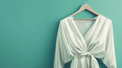 Wall Mural - White silk blouse on a hanger against a teal background.