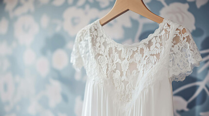 A white lace dress hangs on a wooden hanger.