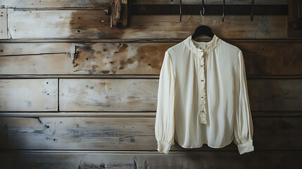 Wall Mural - A white blouse hangs on a hanger against a rustic wood background.