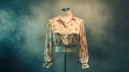 Wall Mural - A floral print blouse on a mannequin against a smoky blue and yellow background.