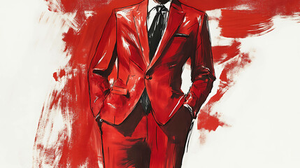 Sticker - A man in a red suit with a black tie is painted in a brush stroke style.