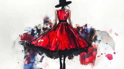 Sticker - Fashion illustration of a woman in a red dress and a black hat.