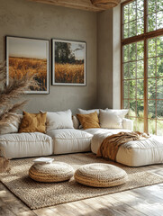 A cozy living room with a white sectional sofa, a jute rug, and two woven ottomans.