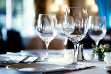 Elegant dining table setup in an upscale restaurant featuring wine glasses and cutlery, capturing the luxury of fine dining with a soft-focus background. High-resolution image shot