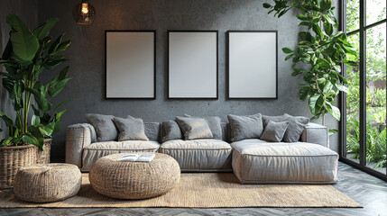 Modern living room with a gray sectional sofa, a rug, and three blank frames.