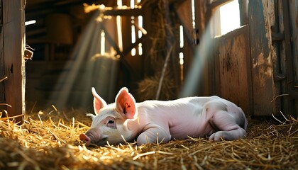 Sunlit piglet resting in hay inside barn, embodying agriculture and livestock themes for milk production concept, perfect for banner and poster design