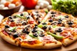© 为轩 张 - Close-up of a sliced pizza topped with black olives, green peppers, and meat, surrounded by fresh vegetables like tomatoes, lettuce, onion, and mushrooms on a table, captured with a Canon EOS R5 in br