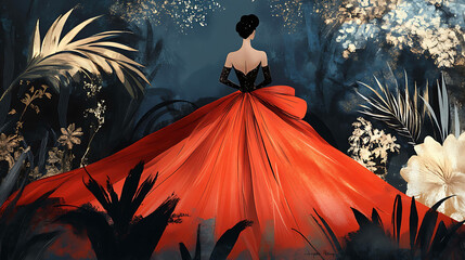 Poster - A woman in a flowing red gown walks through a garden of black and gold flowers.