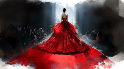 Poster - A woman in a red dress walks a red carpet, painted in a painterly style.