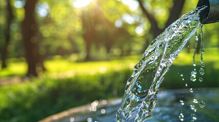 Water from outdoor fountain gushes in green garden, closeup of sparkling blue fresh water