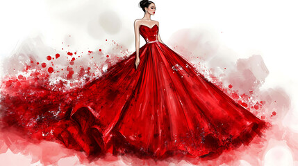 Sticker - Fashion illustration of a woman in a red gown.