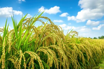 Wall Mural - The rice fields are full, waiting to be harveste under blue sky. Farm, Agriculture concept, ai