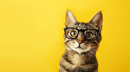 Wall Mural - A tabby cat wearing glasses looks at the camera with a curious expression.