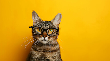 A tabby cat wearing glasses looks directly at the camera.  The background is a solid yellow.