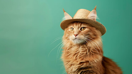 Wall Mural - A ginger cat wearing a straw hat, looking off to the side.