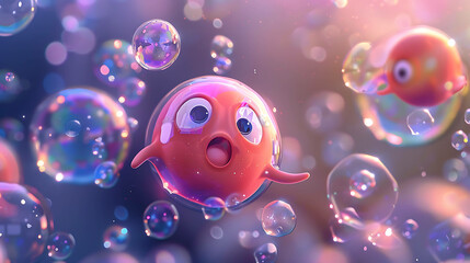 A surprised, cute, red cartoon creature floats in a bubble.