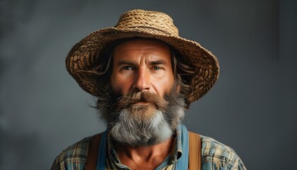 Wall Mural - Authentic portrait of a bearded farmer set against a gray backdrop, embodying the essence of agriculture and farming lifestyle for promotional design.