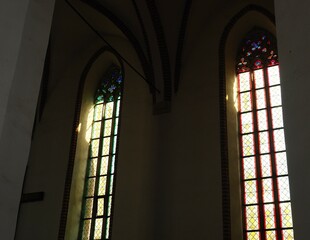 Stained glass windows at a cathoric church in Brzeg Poland