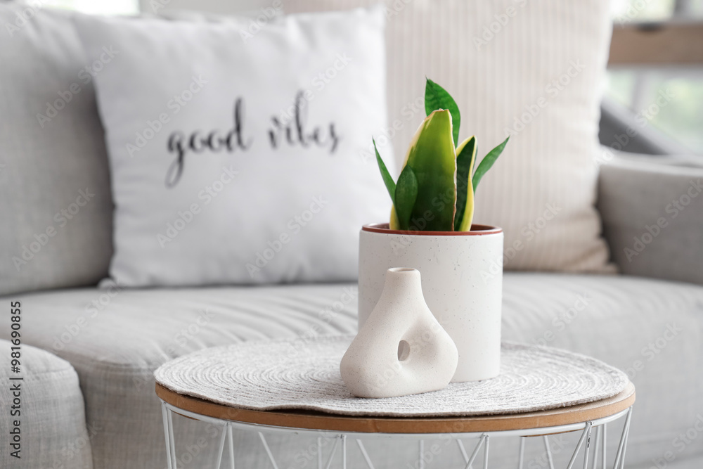 Coffee table, grey sofa and pillows in light living room, closeup
