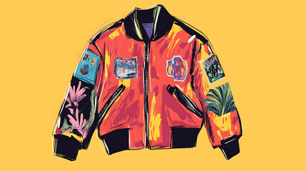 Wall Mural - Colorful illustration of a bomber jacket with patches.