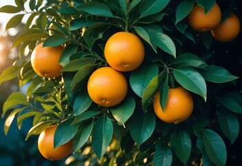 Ripe orange citrus fruits with green leaves, close-up