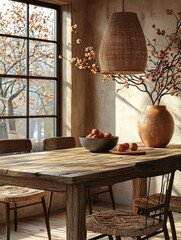 Poster - Rustic dining table with wicker chairs, a woven pendant lamp, and a vase of flowers.