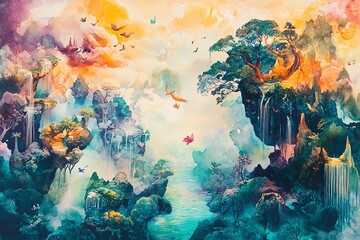 A vibrant birds-eye view of a surreal fantasy world, where whimsical animals dance among floating islands, lush forests, and sparkling rivers, in a bright watercolor style