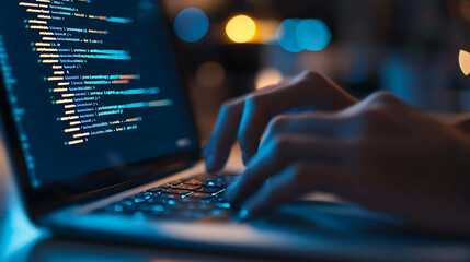 Close-up shot of hands typing code on a laptop.