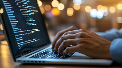 A person types on a laptop with code on the screen.