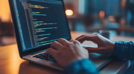 Close-up of hands typing code on a laptop.