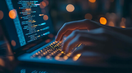 Close up of hands typing on backlit keyboard with computer code visible on the screen.