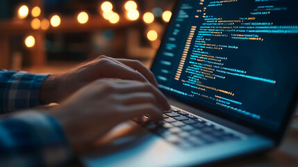 Close up of hands typing code on a laptop computer.