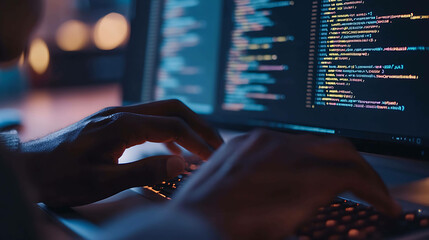 Hands typing code on a laptop keyboard in a dimly lit room.