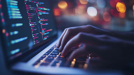 Close-up of hands typing on a laptop with code on the screen.