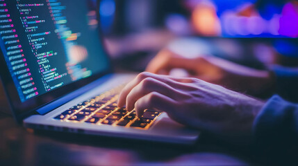 Close up of hands typing on a laptop with code on the screen.