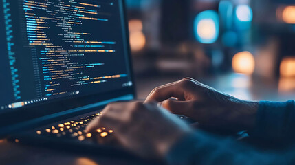 A programmer's hands typing code on a laptop in a dimly lit room.
