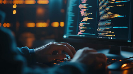 Wall Mural - close-up of a programmer's hands typing on a keyboard, a computer monitor displaying code in the bac